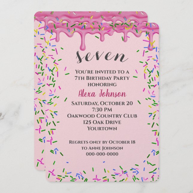 7th Birthday Pink Icing And Sprinkles Invitation (Front/Back)