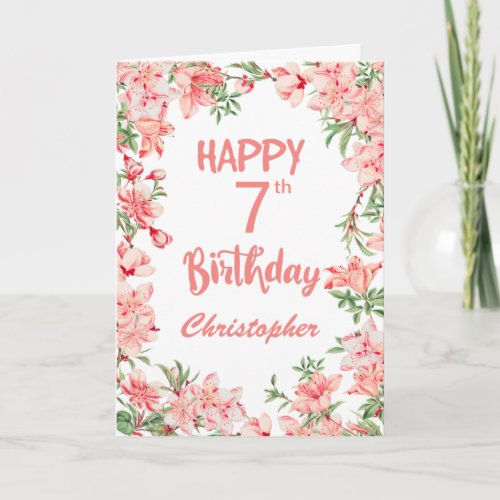7th Birthday Pink Peach Peonies Watercolor Floral  Card