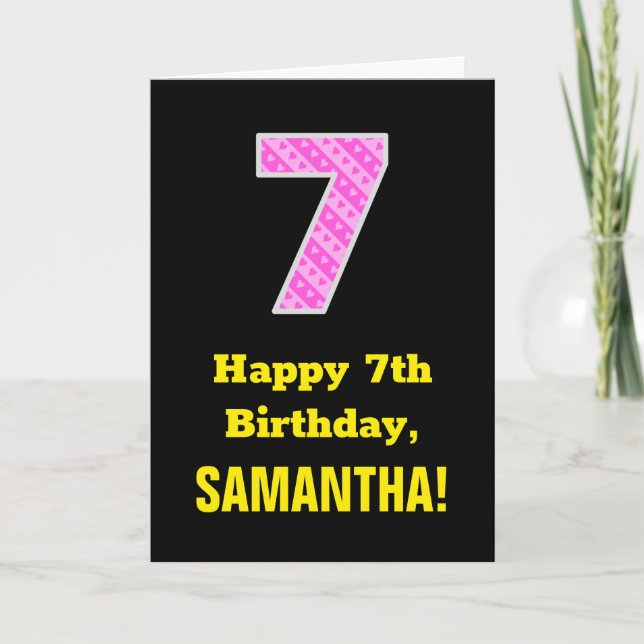 7th Birthday: Pink Stripes and Hearts "7" + Name Card (Front)