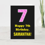 [ Thumbnail: 7th Birthday: Pink Stripes and Hearts "7" + Name Card ]