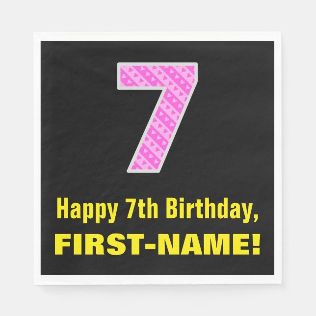 7th Birthday: Pink Stripes and Hearts "7" + Name Napkins (Front)