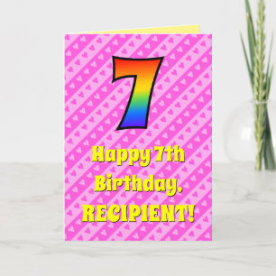 7th Birthday: Pink Stripes & Hearts, Rainbow # 7 Card