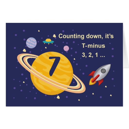 7th Birthday Planets in Outer Space with Rocket Cards (Front Horizontal)