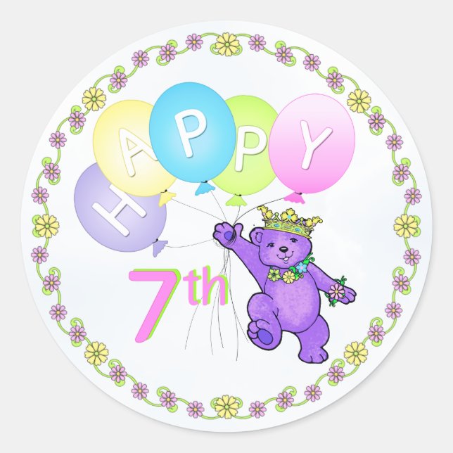 7th Birthday Princess Bear Happy Classic Round Sticker (Front)