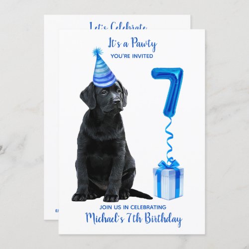 7th Birthday Puppy Theme_ Cute Dog Blue Boy Pawty Invitation