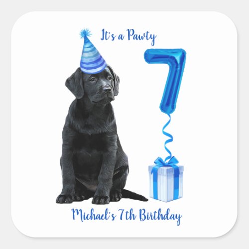 7th Birthday Puppy Theme_ Cute Dog Blue Boy Pawty Square Sticker