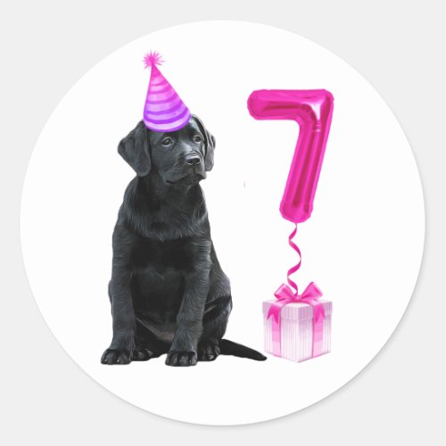 7th Birthday Puppy Theme_ Cute Dog Pink Girl Pawty Classic Round Sticker