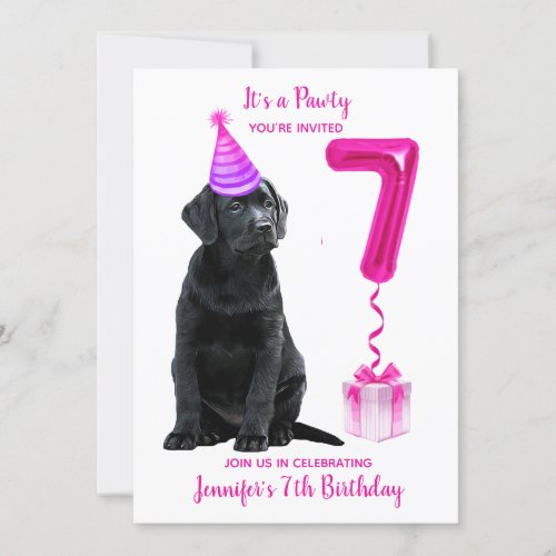 7th Birthday Puppy Theme_ Cute Dog Pink Girl Pawty Invitation