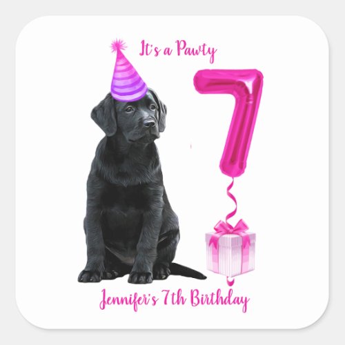 7th Birthday Puppy Theme_ Cute Dog Pink Girl Pawty Square Sticker