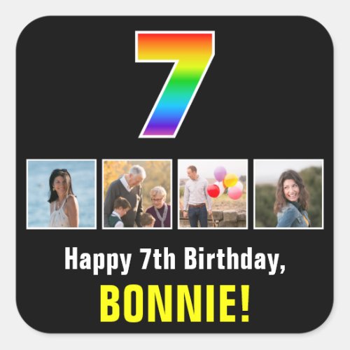 7th Birthday Rainbow 7 Custom Photos  Name Square Sticker