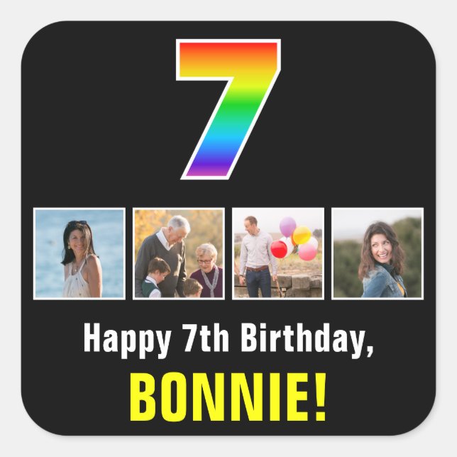 7th Birthday: Rainbow “7”; Custom Photos & Name Square Sticker (Front)