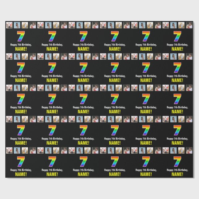7th Birthday: Rainbow “7“; Custom Photos & Name Wrapping Paper (Flat)