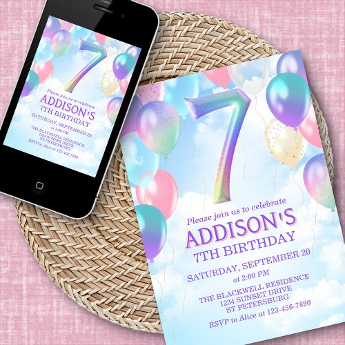 7th Birthday Rainbow Balloons Invitation