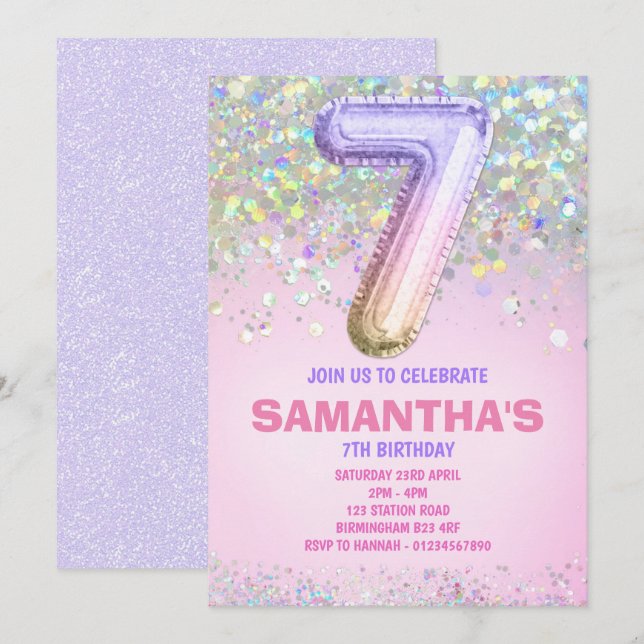7th Birthday, Rainbow Glitter Birthday Invitation (Front/Back)