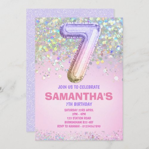 7th Birthday Rainbow Glitter Birthday Invitation