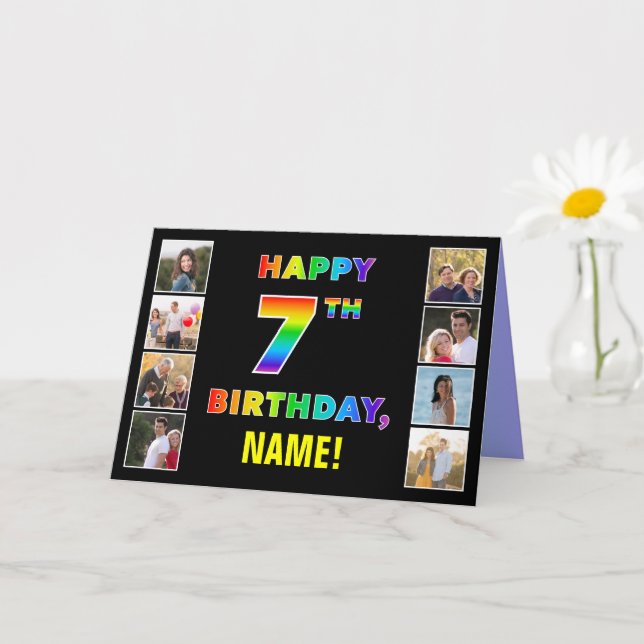 7th Birthday: Rainbow Text, Custom Photos & Name Card (Small Plant)