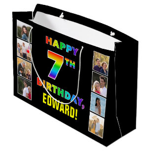 7th Birthday: Rainbow Text, Custom Photos & Name Large Gift Bag