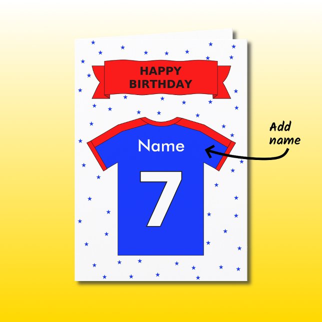 7th birthday red blue sports shirt personalized card (Creator Uploaded)