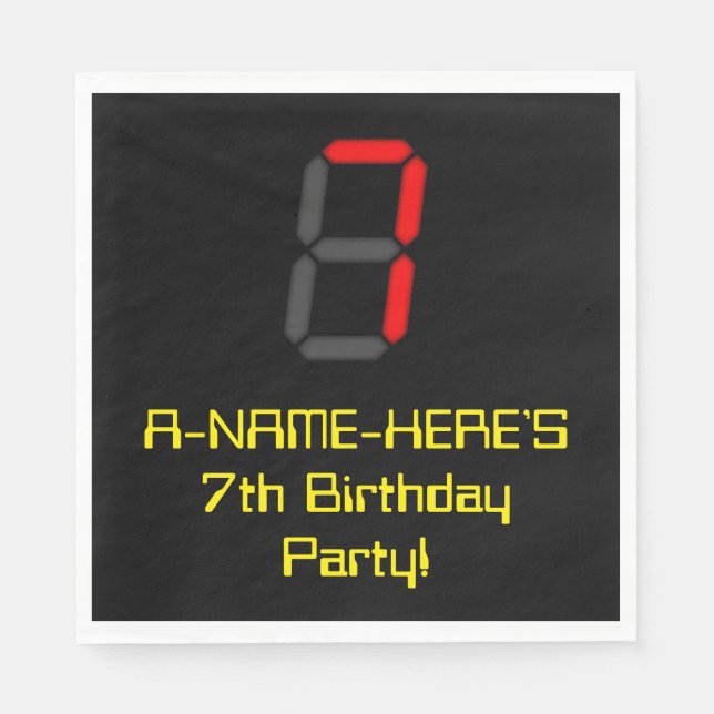 7th Birthday: Red Digital Clock Style "7" + Name Napkins (Front)