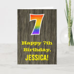 [ Thumbnail: 7th Birthday: Rustic Faux Wood Look, Rainbow "7" Card ]