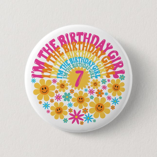 7th Birthday Shirt Cute Flower Seventh Pink Button (Front)