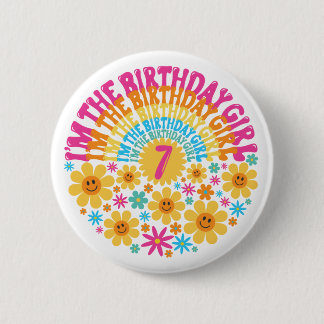 7th Birthday Shirt Cute Flower Seventh Pink Button