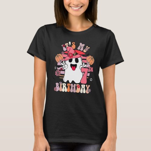 7th Birthday Spooky Boo 7 Years Old Groovy Retro 7 T_Shirt