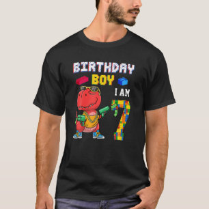 7Th Birthday T Rex Gifts 7 Years Old Block Buildin T-Shirt