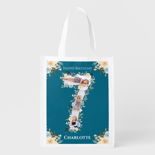 7th Birthday Teal Photo Collage Blue Yellow Flower Grocery Bag