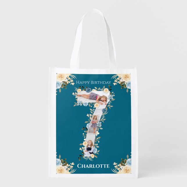 7th Birthday Teal Photo Collage Blue Yellow Flower Grocery Bag (Front)