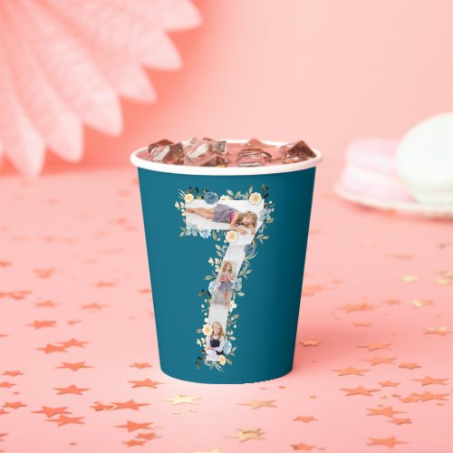 7th Birthday Teal Photo Collage Blue Yellow Flower Paper Cups