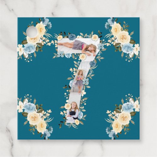 7th Birthday Teal Photo Collage Flower Blue Yellow Favor Tags