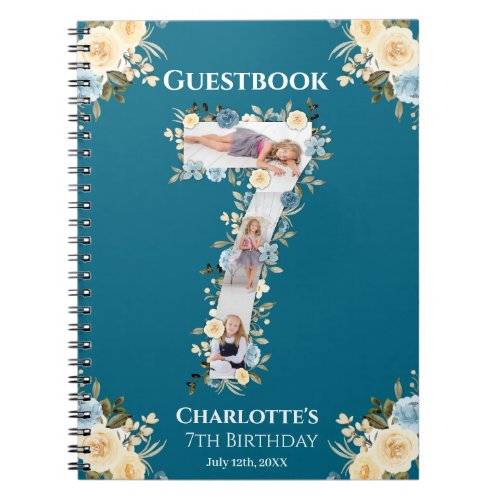 7th Birthday Teal Photo Flower Yellow Guest Book