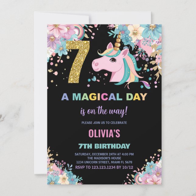 7th Birthday Unicorn Birthday Invitations (Front)