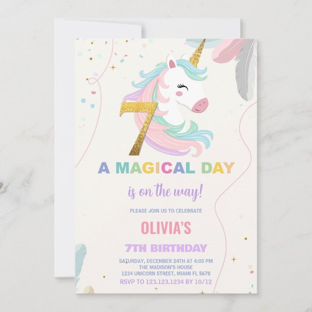7th Birthday Unicorn Birthday Invitations (Front)