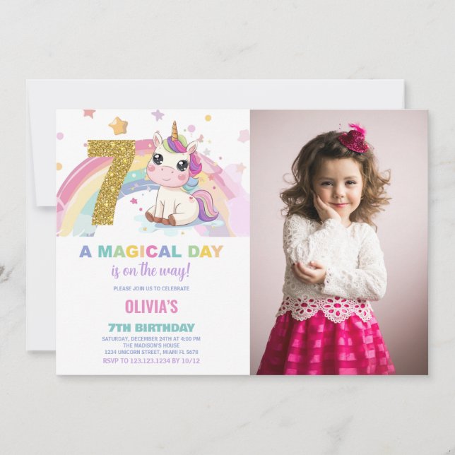 7th Birthday Unicorn Birthday Invitations photo (Front)