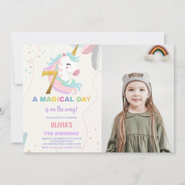 7th Birthday Unicorn Birthday Invitations photo (Front)