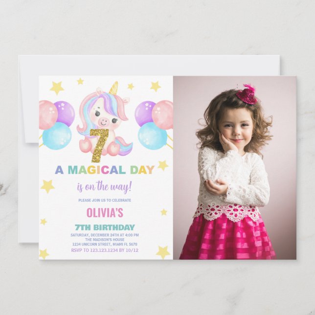 7th Birthday Unicorn Birthday Invitations photo (Front)