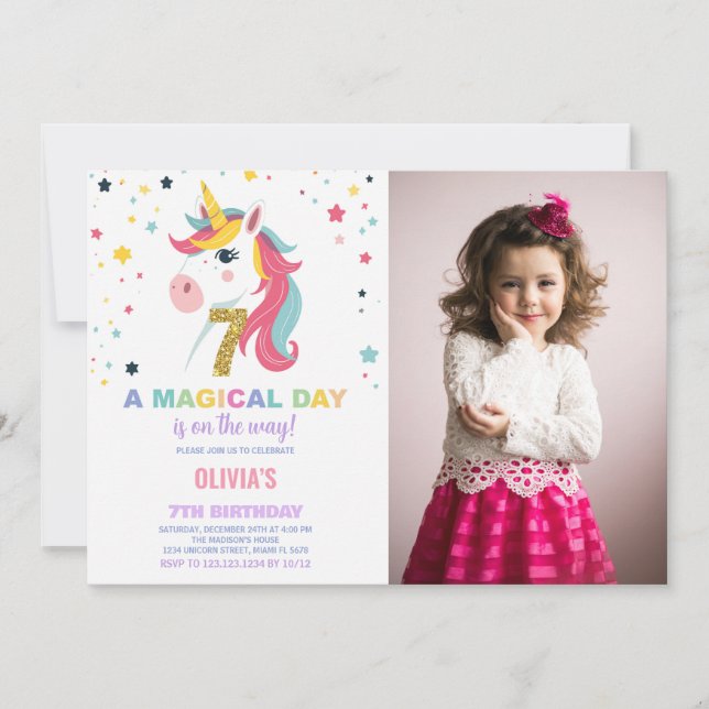 7th Birthday Unicorn Birthday Invitations photo (Front)