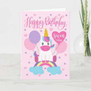 7th Birthday Unicorn Sitting On Rainbow Card
