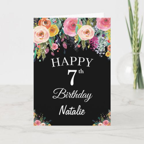 7th Birthday Watercolor Floral Flowers Black Card
