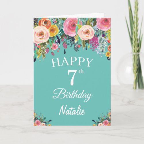7th Birthday Watercolor Floral Flowers Teal Card