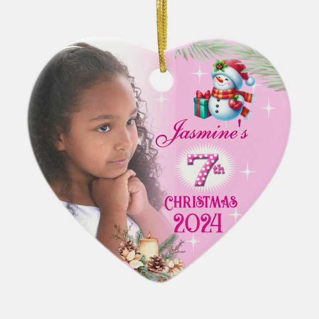 7th Christmas Personalized Girl's Photo Heart Gift Ceramic Ornament (Front)