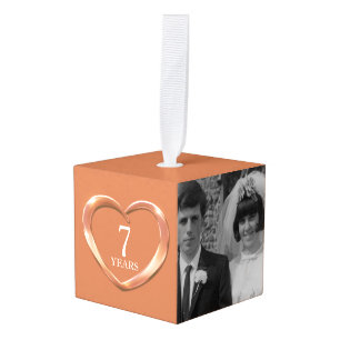 7th copper anniversary heart now and then photo cube ornament