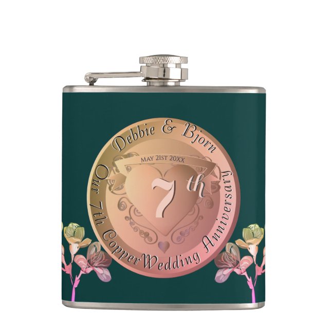 7th Copper Fresia Wedding Anniversary Flask (Front)
