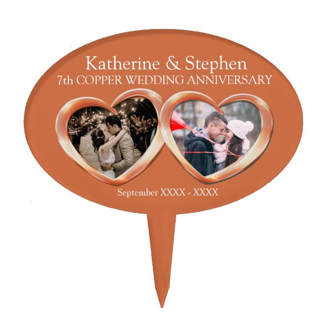 7th Copper Wedding anniversary 2 hearts photo Cake Topper (Front)