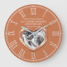 7th Copper Wedding Anniversary Custom Photo Heart Large Clock at Zazzle