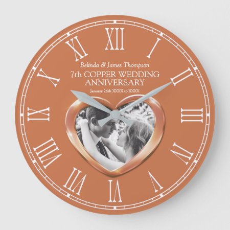 7th Copper Wedding Anniversary Custom Photo Heart Large Clock