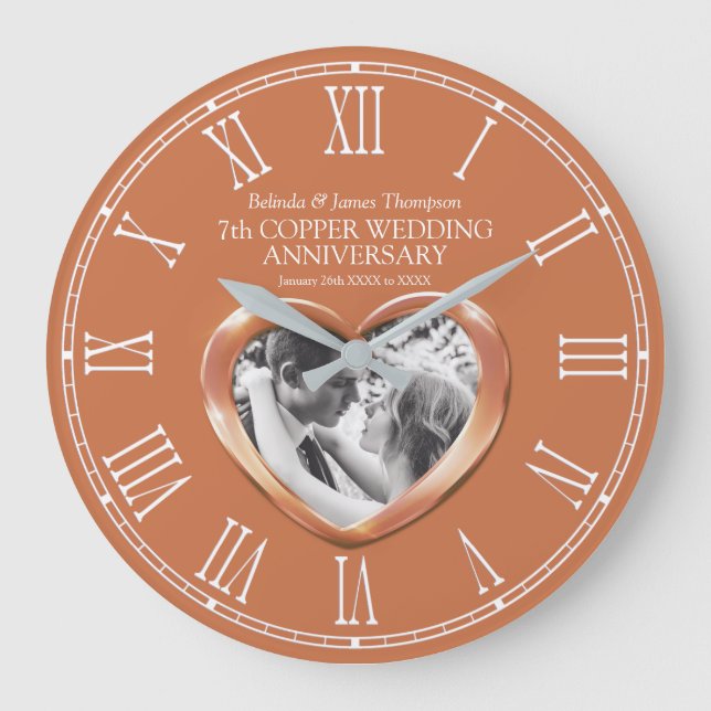 7th copper wedding anniversary custom photo heart large clock (Front)