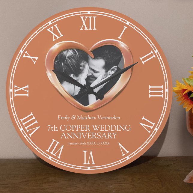 7th Copper wedding anniversary custom photo heart Large Clock (Creator Uploaded)